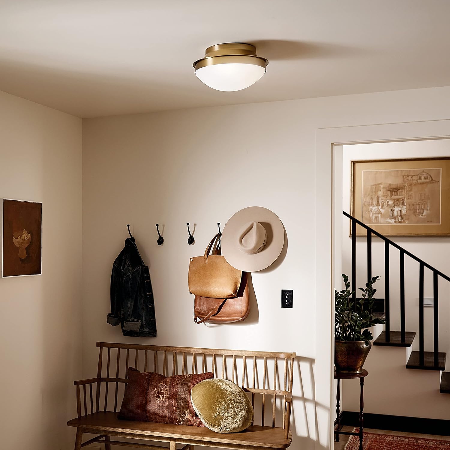 Kichler Bretta 2 Light Flush Mount Ceiling Light in Brushed Natural Brass with Satin Etched Glass, (7.25' H x 13.5' Dia), 52544BNB