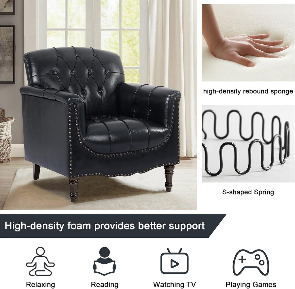 Lumibee Faux Leather Armchairs, Contemporary Accent Chairs Set of 2 with Nailhead Trims & Wood Legs for Living Room, Upholstered Comfy Arm Chairs for Office,Bedroom-Blue Black