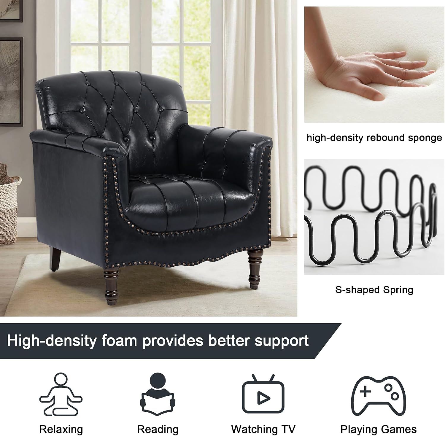 Lumibee Faux Leather Armchairs, Contemporary Accent Chairs Set of 2 with Nailhead Trims & Wood Legs for Living Room, Upholstered Comfy Arm Chairs for Office,Bedroom-Blue Black