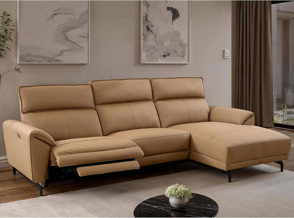 Furniture of America Belon Modern Leather Sectional Recliner with Chaise and USB Ports, Reclining Sofa, L Shaped Comfy Couches for Living Room, Home Theater, Right Facing, Light Brown