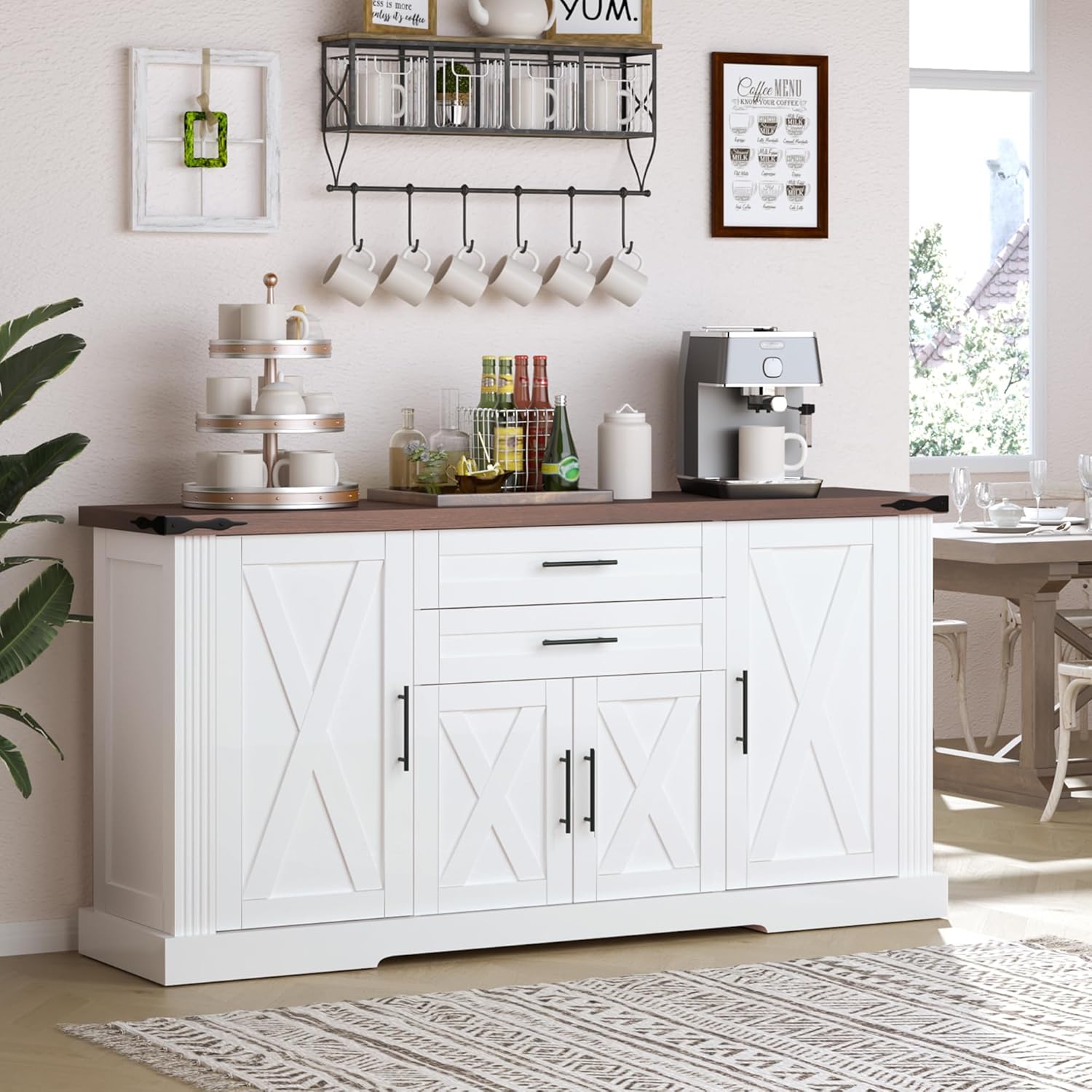 RiteSune 63' Farmhouse Buffet Sideboard Cabinet, Large Kitchen Sideboard Storage with 2 Drawers and 4 Doors, Buffet Table for Dining Room, Living Room, Black