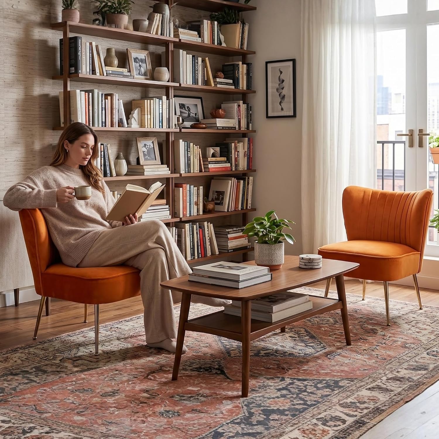 Velvet Accent Chairs Set of 2 for Comfy Living Room Armless Slipper Chair Mid Century Side Chair Single Sofa with Golden Legs Wingback for Bedroom Guest Room, Orange
