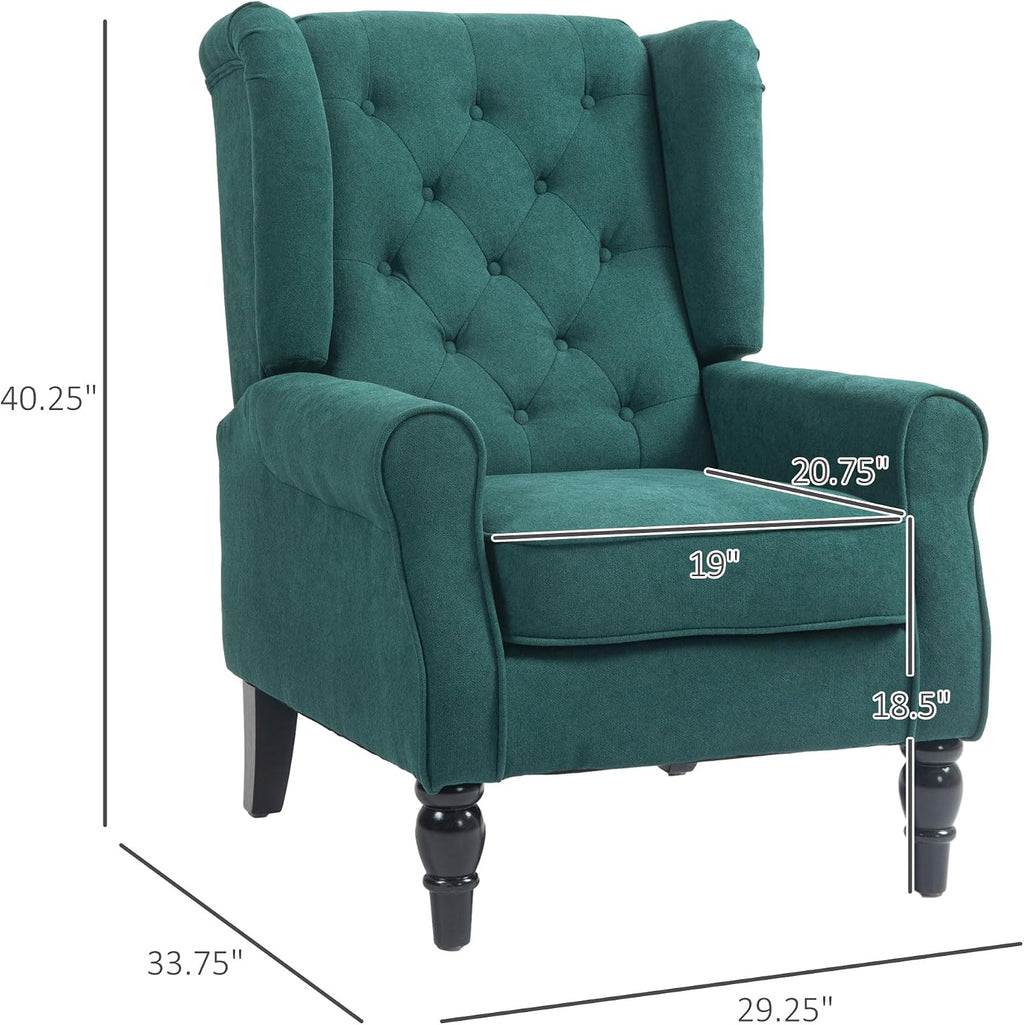HOMCOM Mid-Century Modern Accent Chair, High Wingback Reading Chair, Button-Tufted Upholstered Fabric Armchair with Retro Wood Legs for Apartment, Living Room, Bedroom, Dark Green