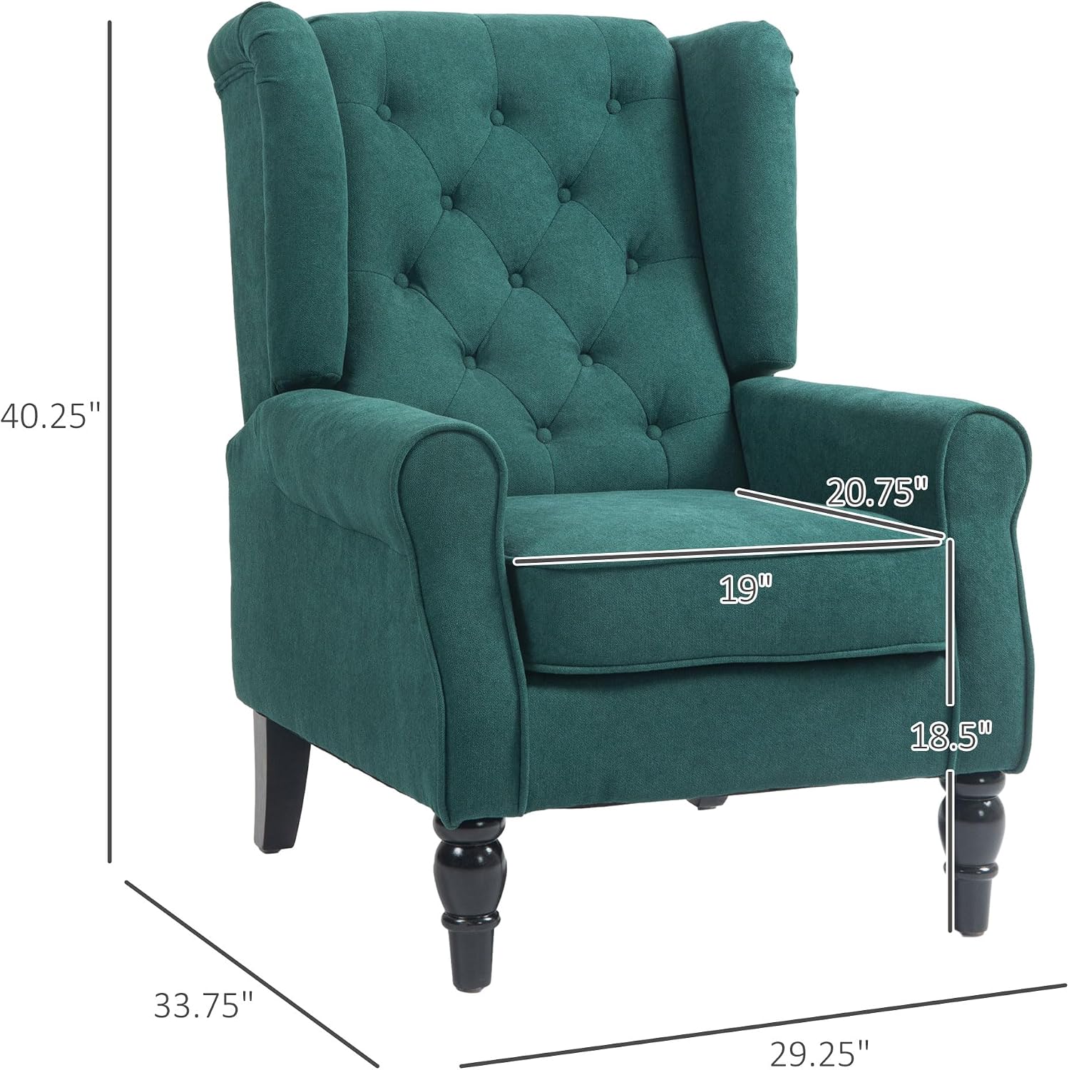 HOMCOM Mid-Century Modern Accent Chair, High Wingback Reading Chair, Button-Tufted Upholstered Fabric Armchair with Retro Wood Legs for Apartment, Living Room, Bedroom, Dark Green