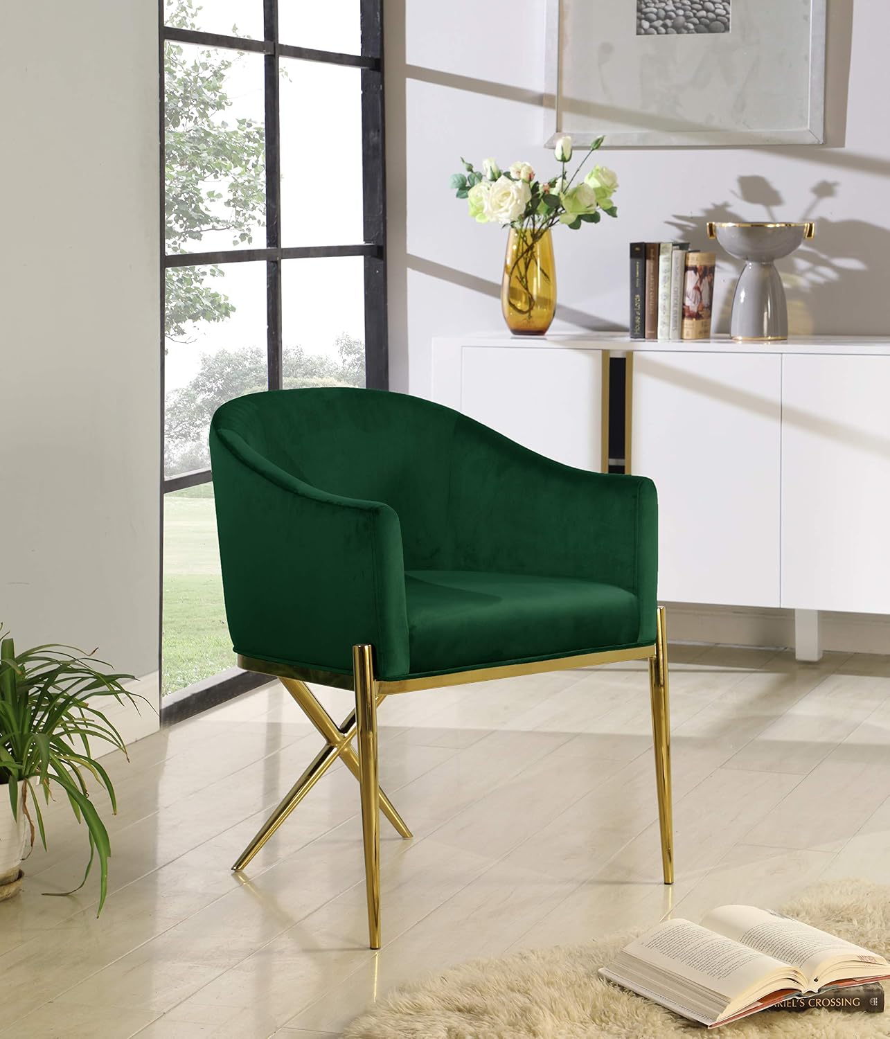 Meridian Furniture Xavier Collection Modern | Contemporary Velvet Upholstered Dining Chair with Sturdy Steel X Shaped Legs, 25.5' W x 24.5' D x 31.5' H, Green