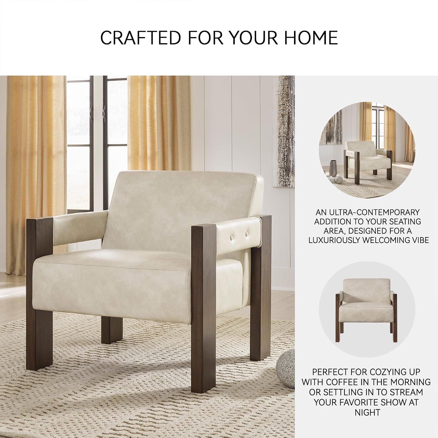 Signature Design by Ashley Adlanlock Contemporary Faux Leather Upholstered Solid Wood Accent Chair, Beige & Dark Brown
