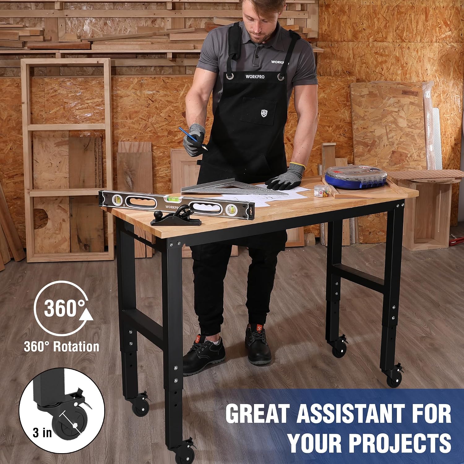 WORKPRO Garage Workbench, 48'X22' Adjustable Workbench with Wheels, Rubber Wood Top Heavy-Duty Workstation with Power Outlets, 1000 LBS Stationary Load Capacity, for Workshop, Garage
