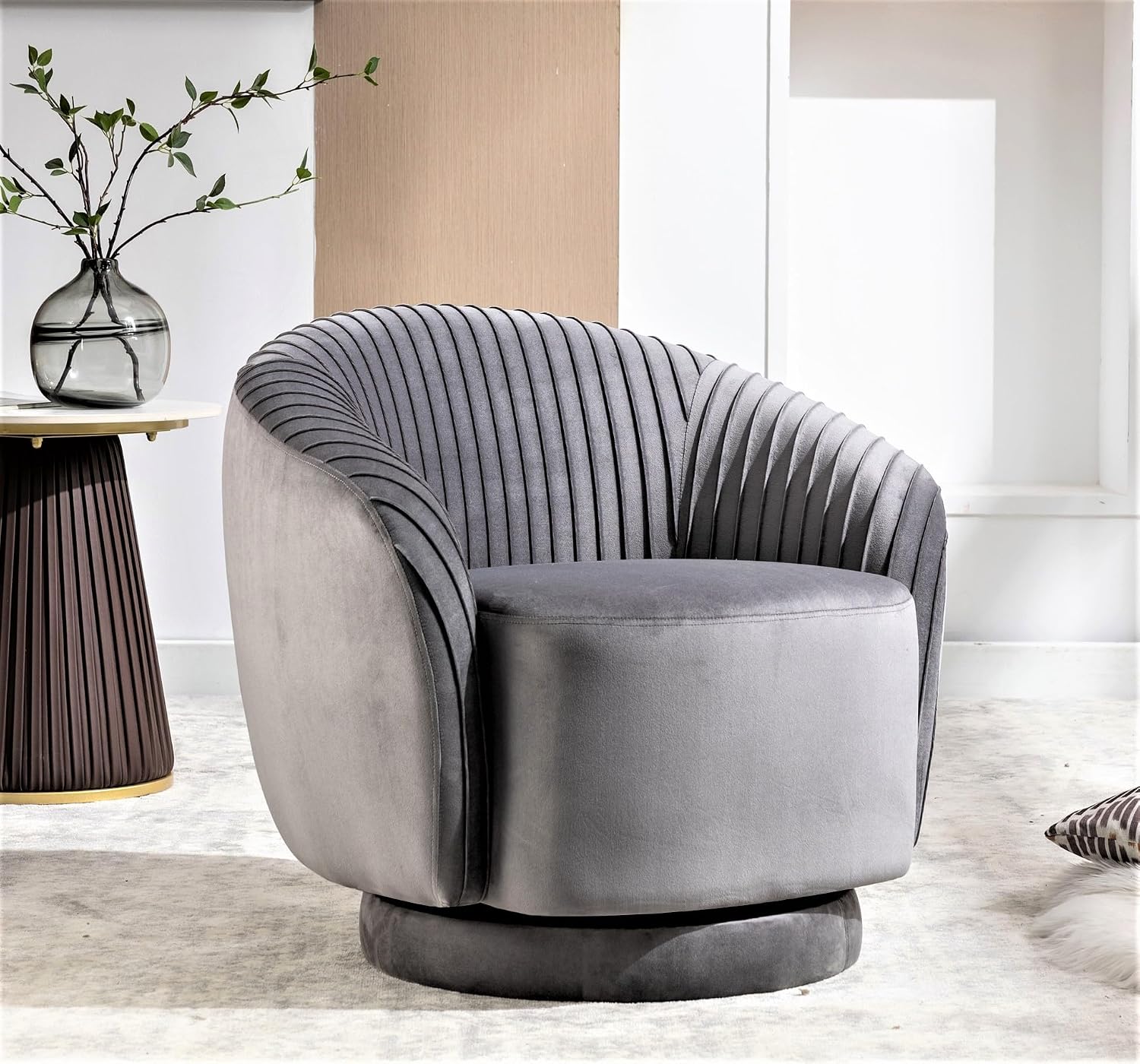 Container Furniture Direct Modern Barrel Swivel Chair with Plush Velvet Upholstery and Smooth 360° Rotation, Round Accent One-Seater Sofa for Living Room, Bedroom, and Office, Grey