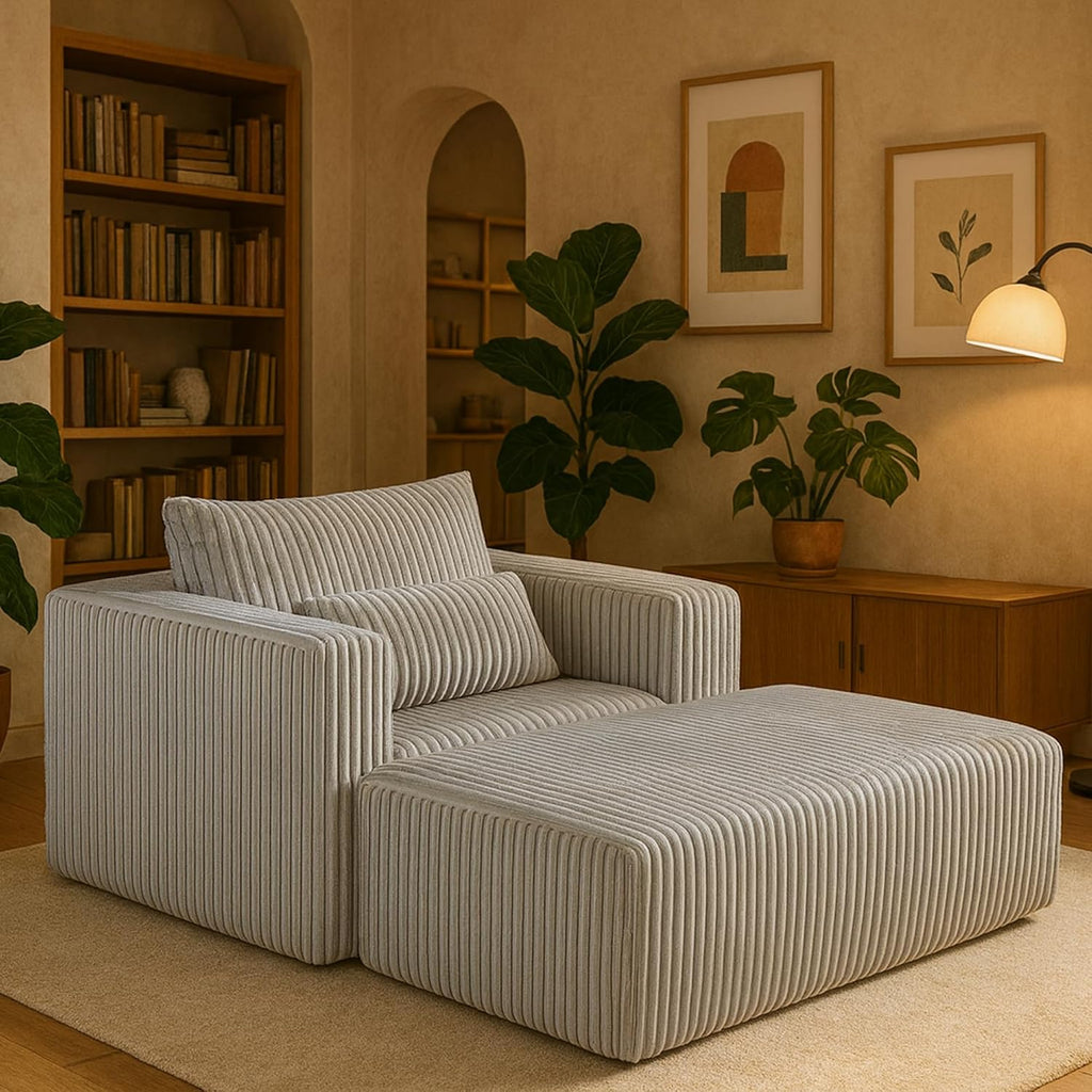 GDFStudio Full-Foam Boneless Sofa with Ottoman, Compressed Cloud Sofa Bed Single Chaise Lounger Small Couches for Small Spaces Bedroom Living Room, Modern Couch Recliner Corduroy Furniture, Smoke Grey
