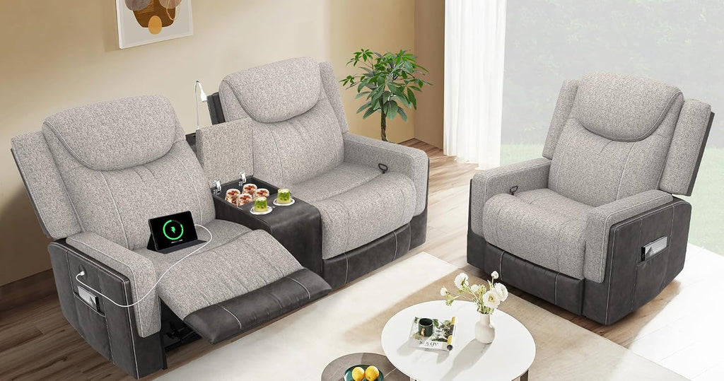 Dresegmt Manual Loveseat Recliner Sofa Set, 2 Seater Reclining Loveseat with Storage Console and Single Oversize Recliner Chair, 2+1 Pieces Luxury Living Room Furniture Set, Couches for RV (Grey)