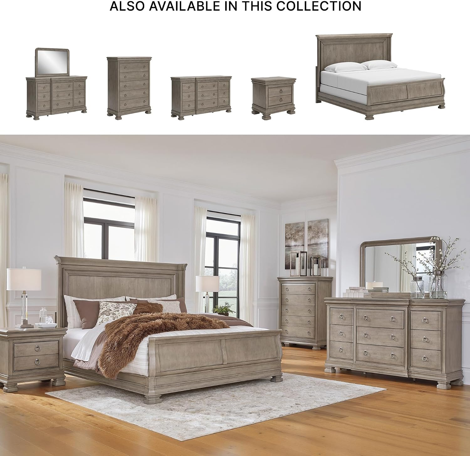 Signature Design by Ashley Lexorne Traditional King Sleigh Bed, Foundation or Box Spring Needed, Light Gray