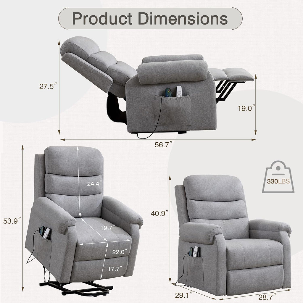 LOUVIXA Power Lift Recliner Chair Recliners for Elderly with Heat and Massage Recliner Chair for Living Room with Infinite Position and Side Pocket, USB Charge Port (Light Grey)