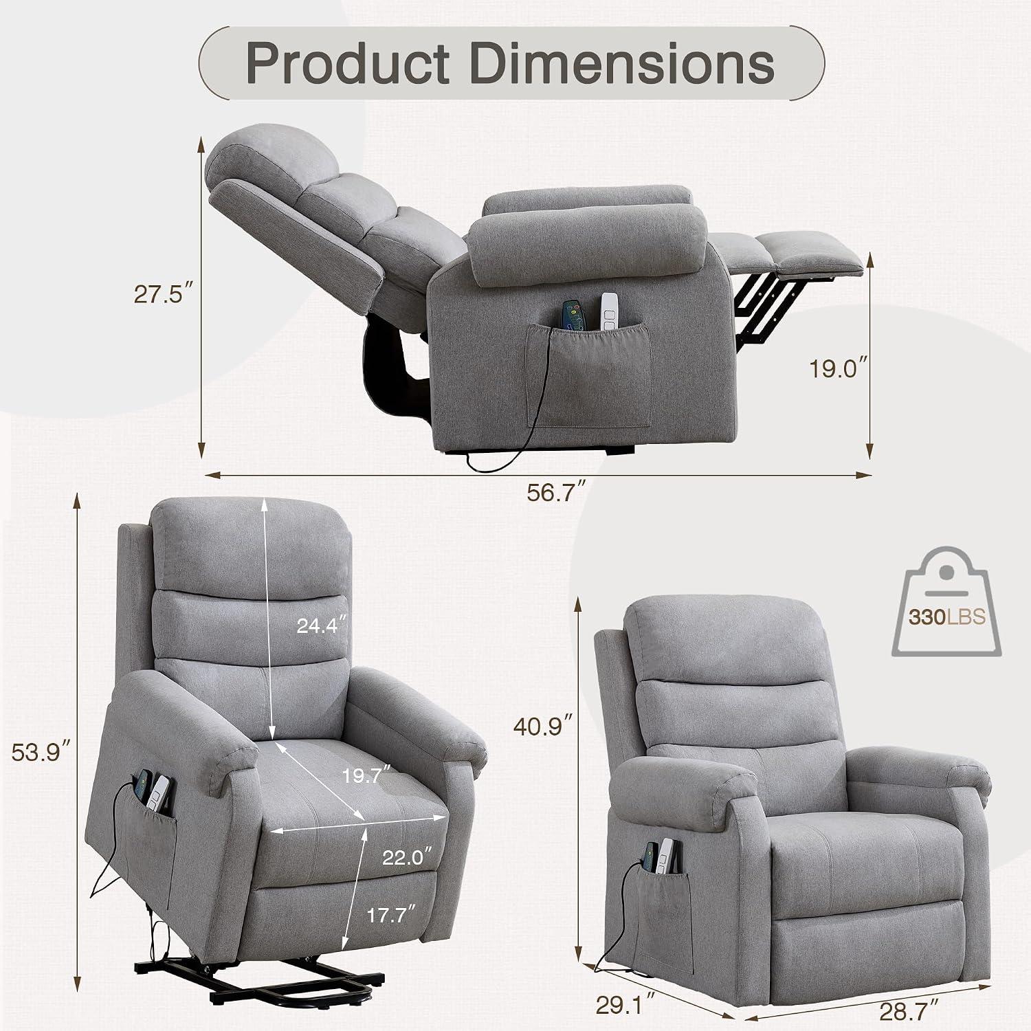 LOUVIXA Power Lift Recliner Chair Recliners for Elderly with Heat and Massage Recliner Chair for Living Room with Infinite Position and Side Pocket, USB Charge Port (Light Grey)