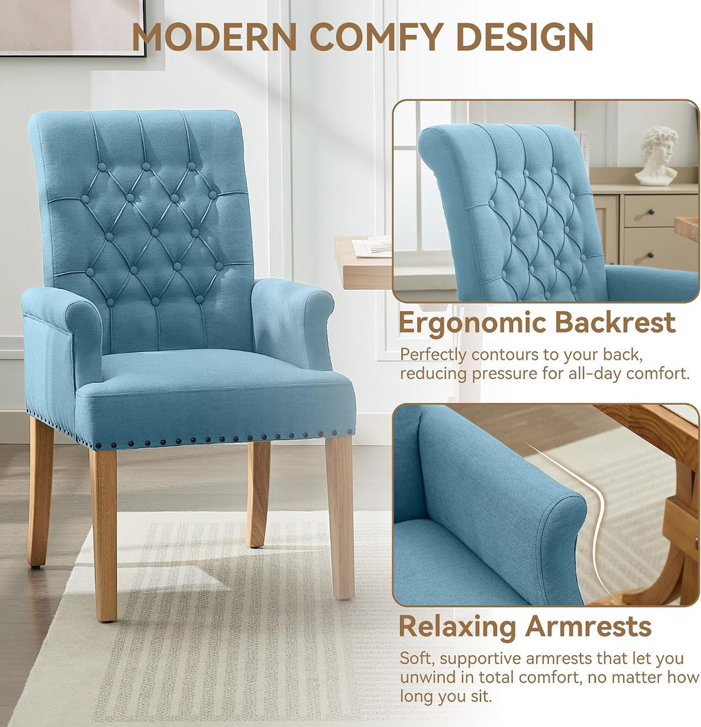 WUTUTUEE Fabric Dining Chair with Arms, Upholstered Tufted High Back Dining Room Chairs, Accent Armchair with Solid Wood Leg and Nailhead Trim, Kitchen Dining Living Room, Blue