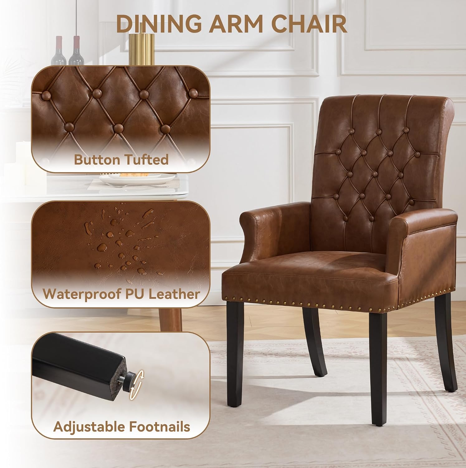 WUTUTUEE PU Leather Dining Chair with Arms, Upholstered Tufted High Back Dining Room Chairs, Accent Armchair with Solid Wood Leg and Nailhead Trim, Kitchen Dining Living Room, Coffee