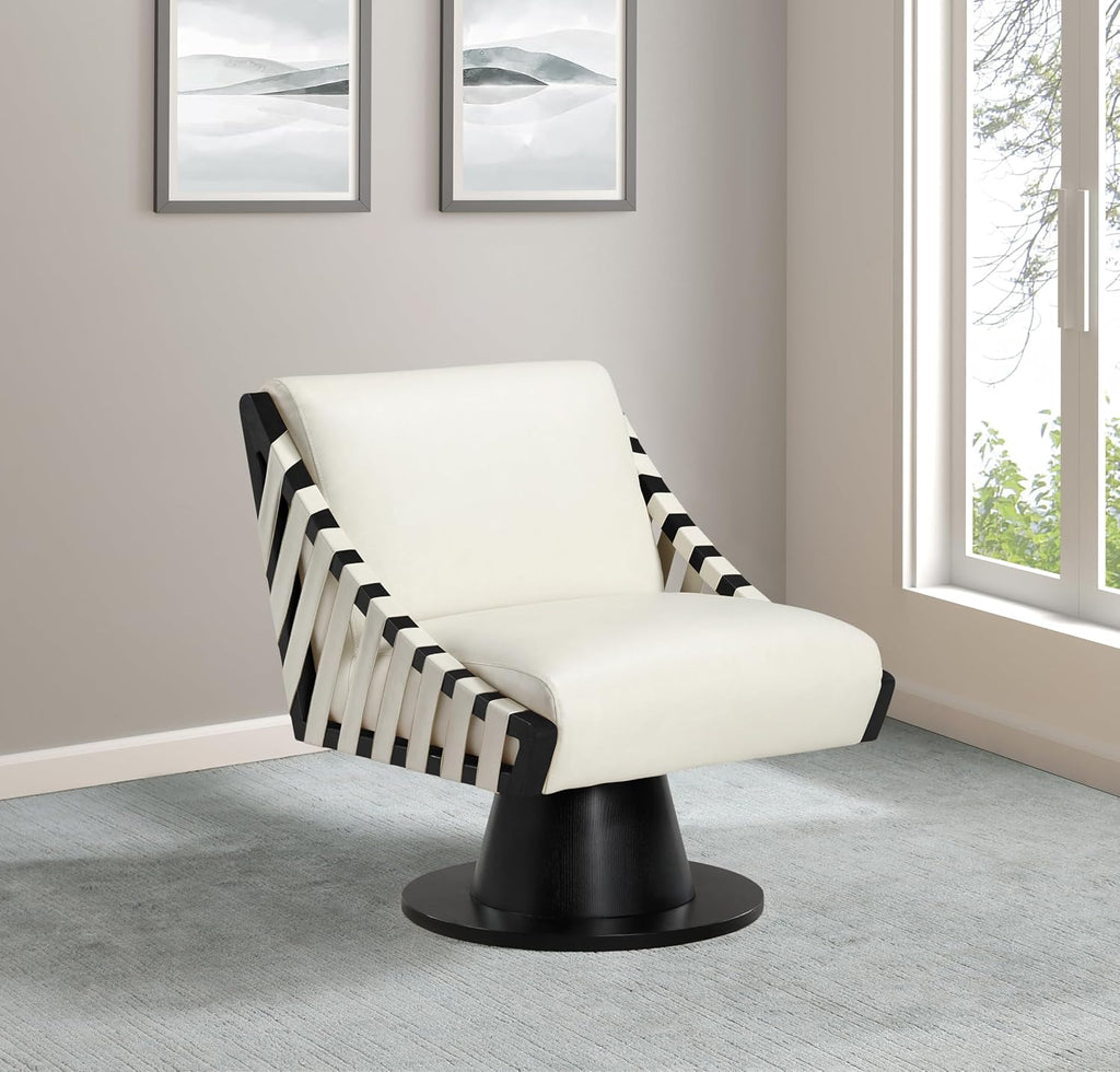 Meridian Furniture 33002Cream Millwin Collection Art Deco Swivel Accent Chair with Rich Cream Vegan Leather, Black Finish, Solid Wood Frame and Base, 28' W x 30' D x 32.5' H, Cream
