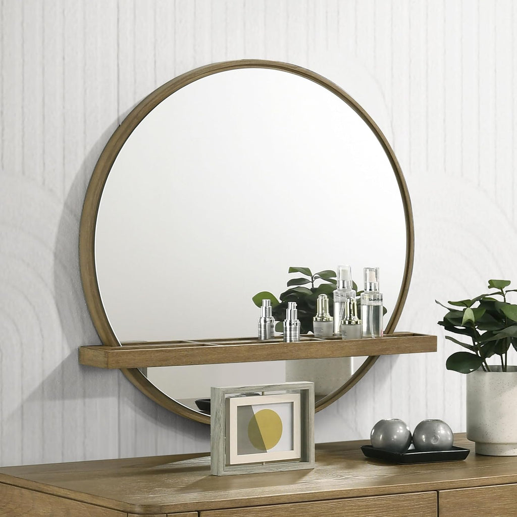 Coaster Home Furnishings Arini Coastal Round Wall Mounted Vanity Mirror for Bedroom with Jewelry Storage Shelf Sand Wash 224308
