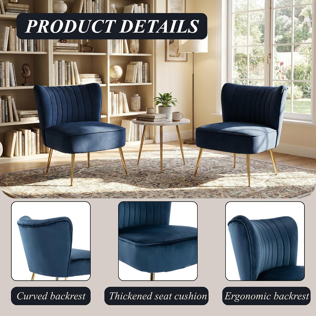 Velvet Accent Chair Set of 2 Comfy Living Room Chair Armless Slipper Chair Mid Century Side Single Sofa Chair with Golden Legs Wingback for Bedroom Guest Room, Blue