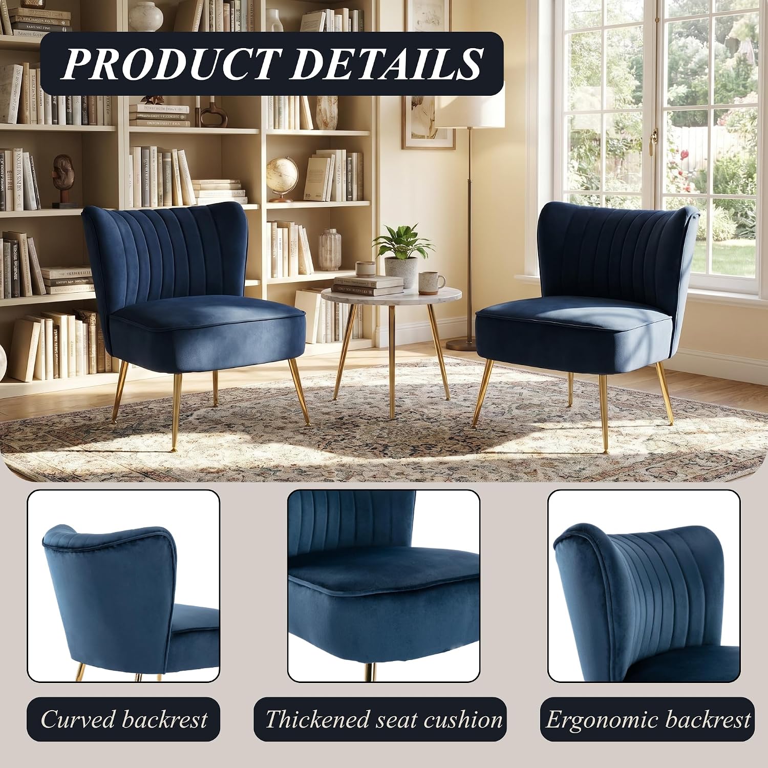Velvet Accent Chair Set of 2 Comfy Living Room Chair Armless Slipper Chair Mid Century Side Single Sofa Chair with Golden Legs Wingback for Bedroom Guest Room, Blue