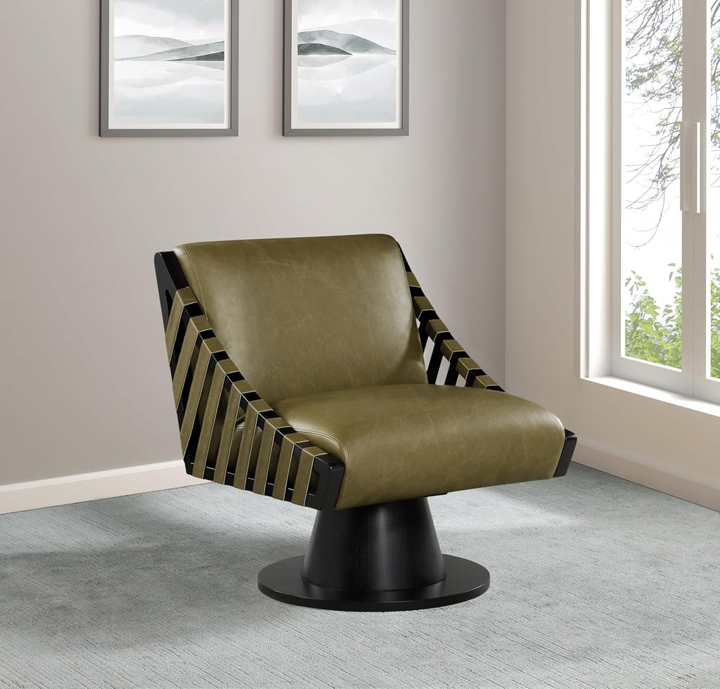 Meridian Furniture 33002Olive Millwin Collection Art Deco Swivel Accent Chair with Rich Olive Green Vegan Leather, Black Finish, Solid Wood Frame and Base, 28' W x 30' D x 32.5' H, Olive