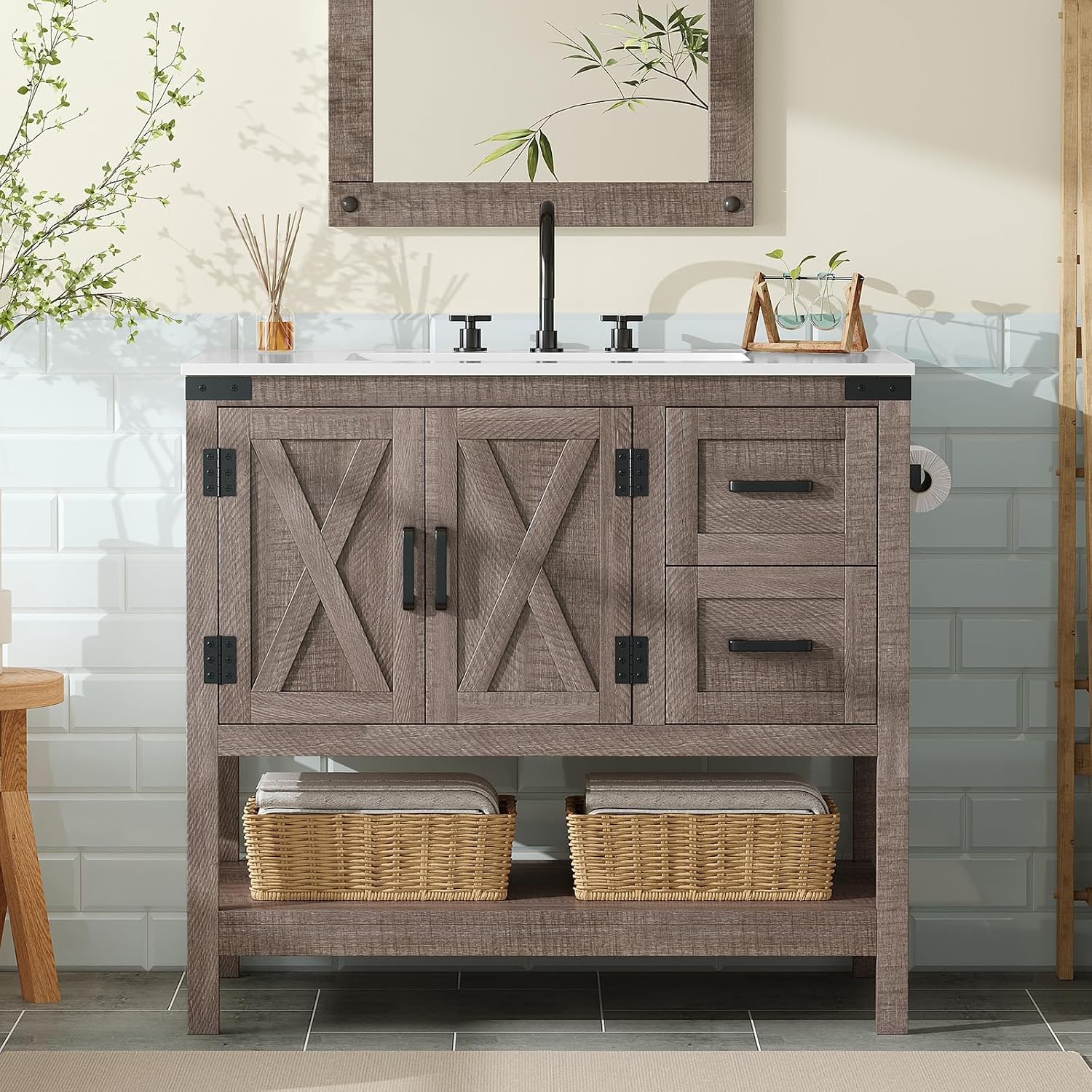 AMERLIFE 36' Farmhouse Bathroom Vanity with Sink Combo, Wood Barn Door Freestanding Small Single Bath Storage Cabinet Set with Sliding Drawers & Open Shelf, Paper Towel Holder, Light Gray
