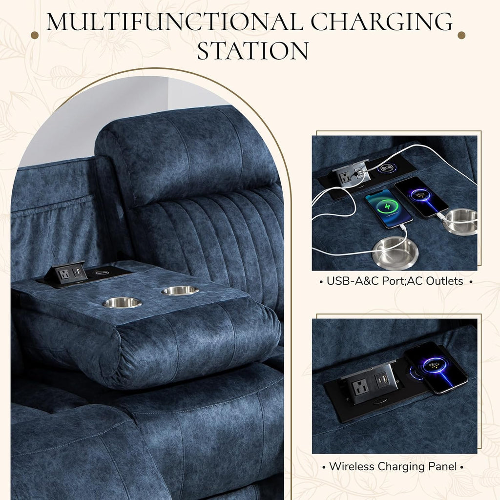 Power Reclining Sofa Set with Zero Gravity, Adjustable Headrest, Electric Reclining Sofa and Loveseat with USB/Type-C Ports, Reclining Living Room Set for Home Theater(Blue, Loveseat + Sofa)
