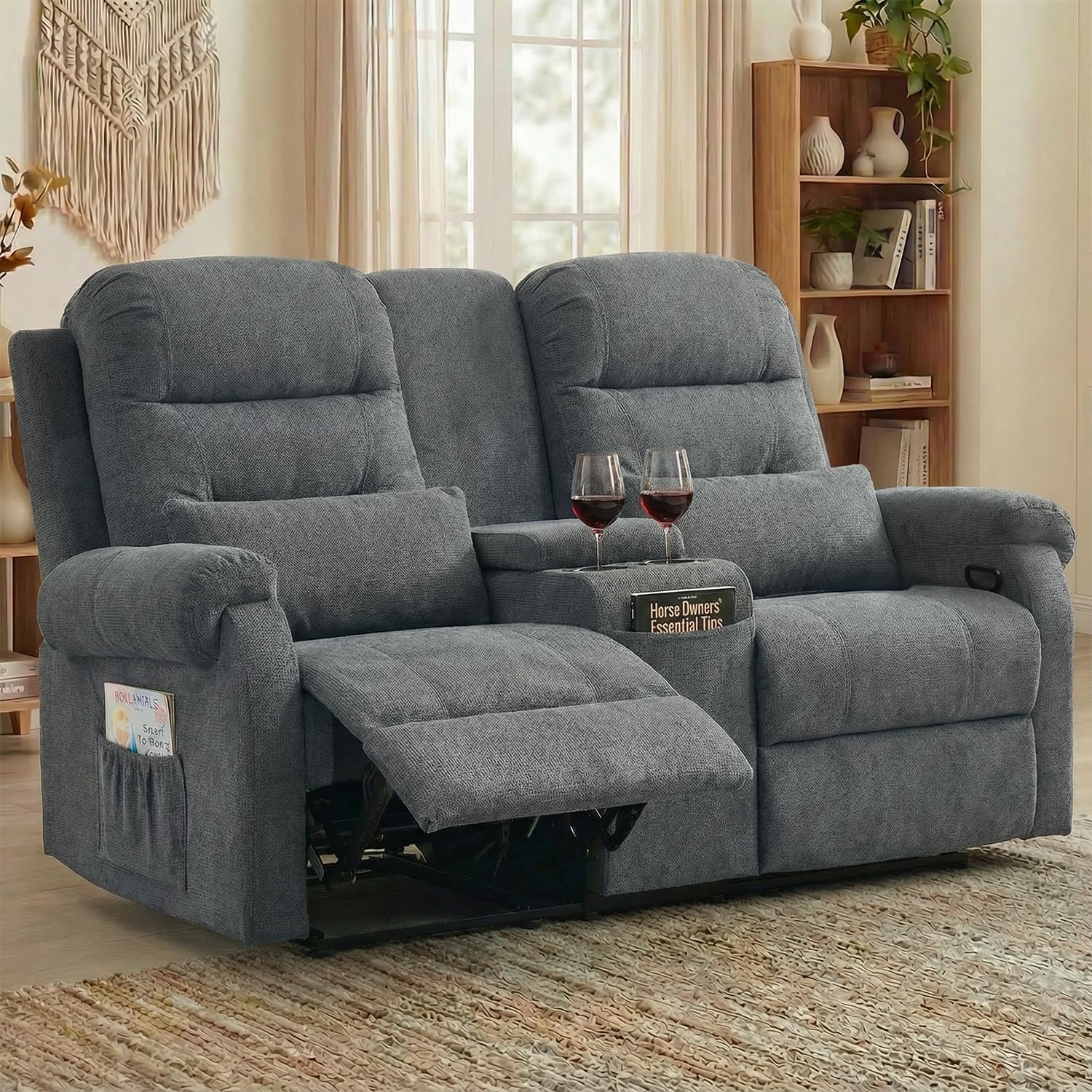 RV Loveseat Recliner with Console, Reclining Loveseat Sofa, Manual Home Theater Seating with Pockets/Cup Holders for Living Room/RV Furniture (Stone Chenille)