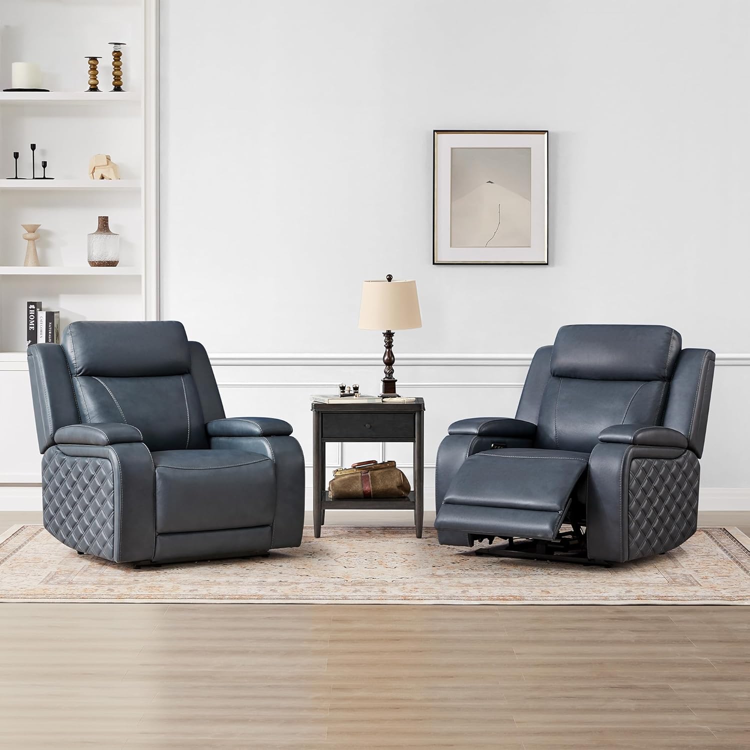 Watson & Whitely Genuine Leather Power Recliner Chairs for Adults, Zero Gravity Recliner with Power Headrest & Hidden Storage, RV Electric Reclining Sofa Chair for Living Room, Home Office, Navy