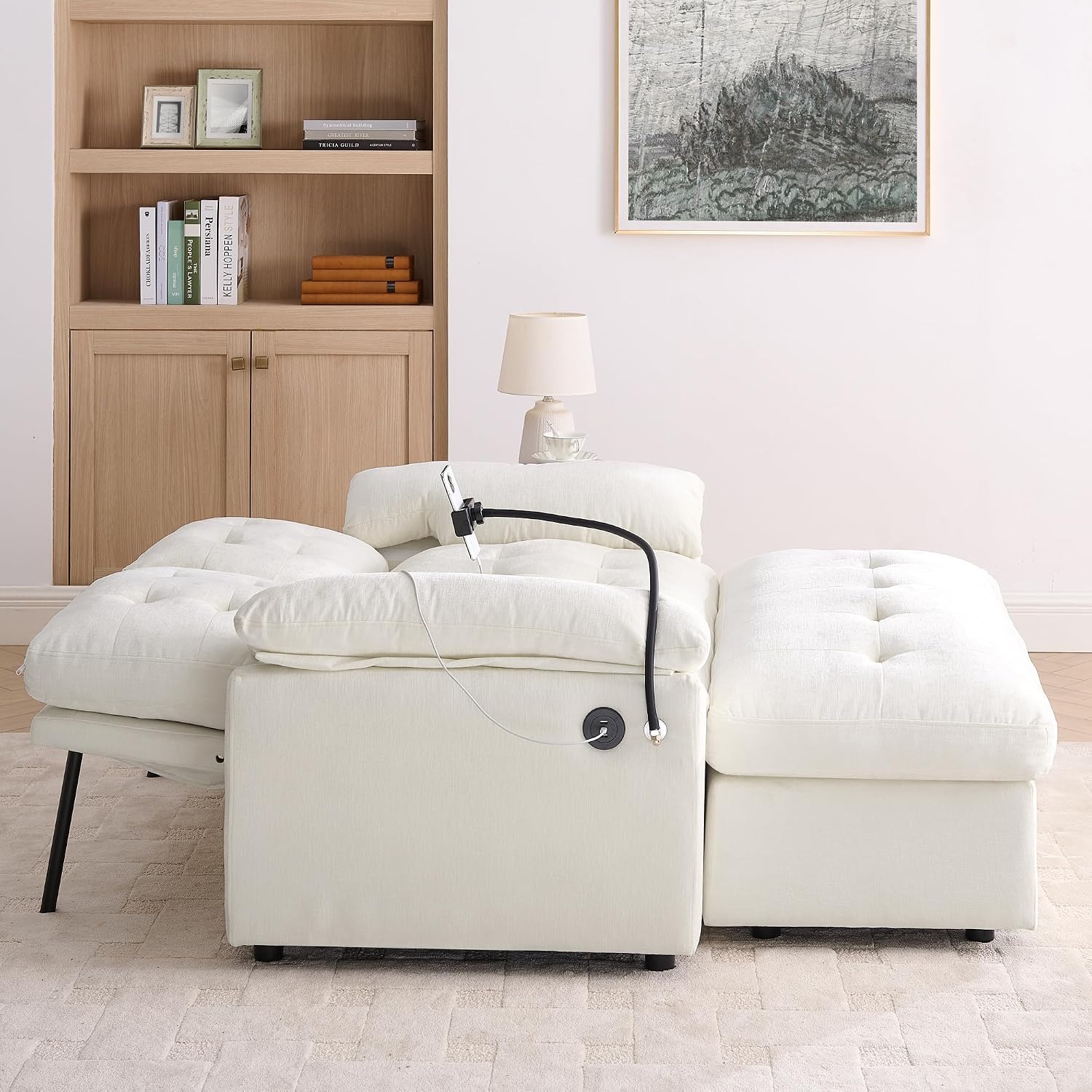 KEIKI 56' Oversized Chaise Lounge Chair Indoor with Storage Ottoman, USB Port &Phone Stand, Cloud Upholstered Chaise Lounge Recliner, Deep Seat Reading Couch Sofa Bed for Living Room Bedroom,Beige