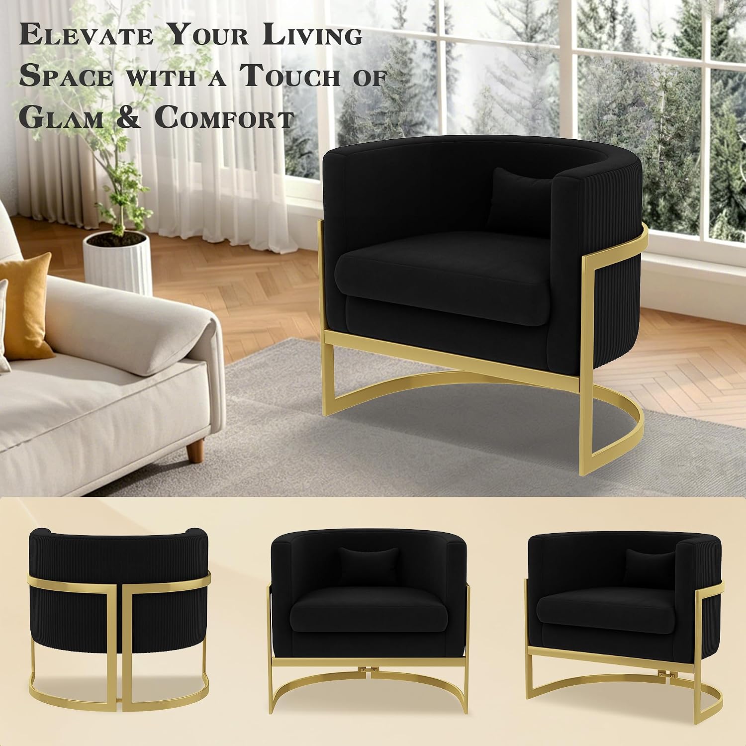 Velvet Accent Chair Black Modern Barrel Chair with Gold Legs Upholstered Armchair for Bedroom Living Room Sofa Chair Club Side Chairs