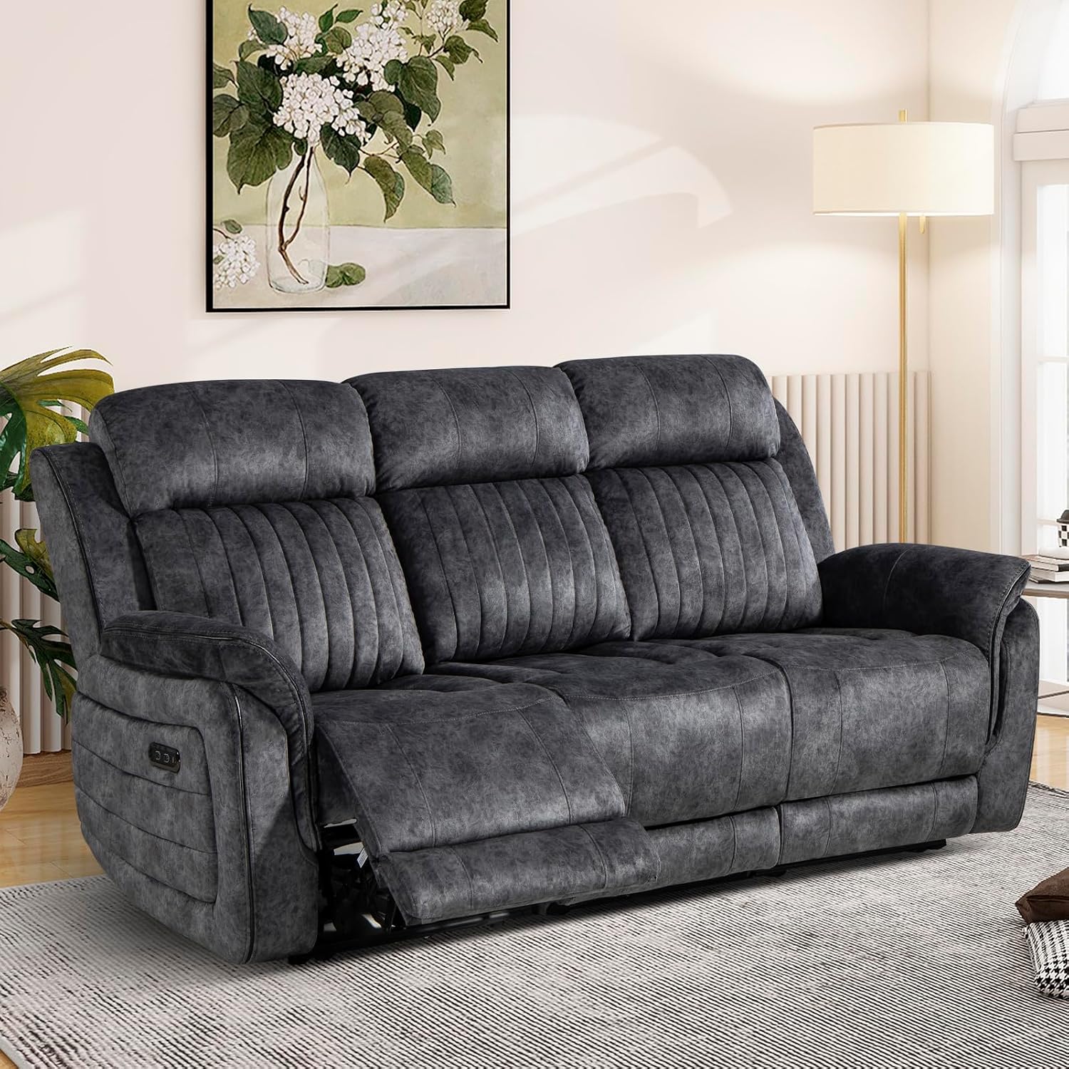 Power Reclining Sofa with Zero Gravity, Adjustable Headrest, Electric Reclining Couch with Wireless Charge, Outlets, Power Loveseat Recliner Sofa for Living Room (Grey, 3 Seater Sofa)