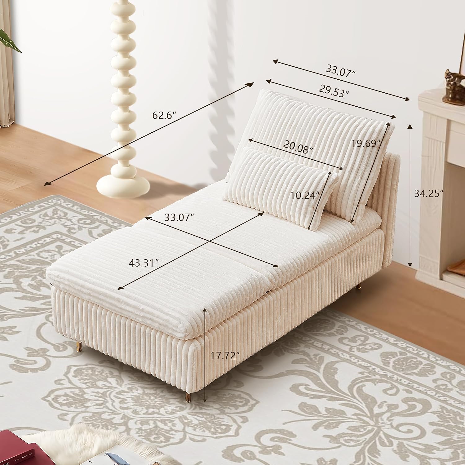 62.6' Corduroy Chaise Lounge Indoor, Modern Longue Chair Upholstered Chaise Longue with Support Pillow & Golden Metal Legs, Sleeper Sofa Recliner for Bedroom, Living Room, Office, Beige