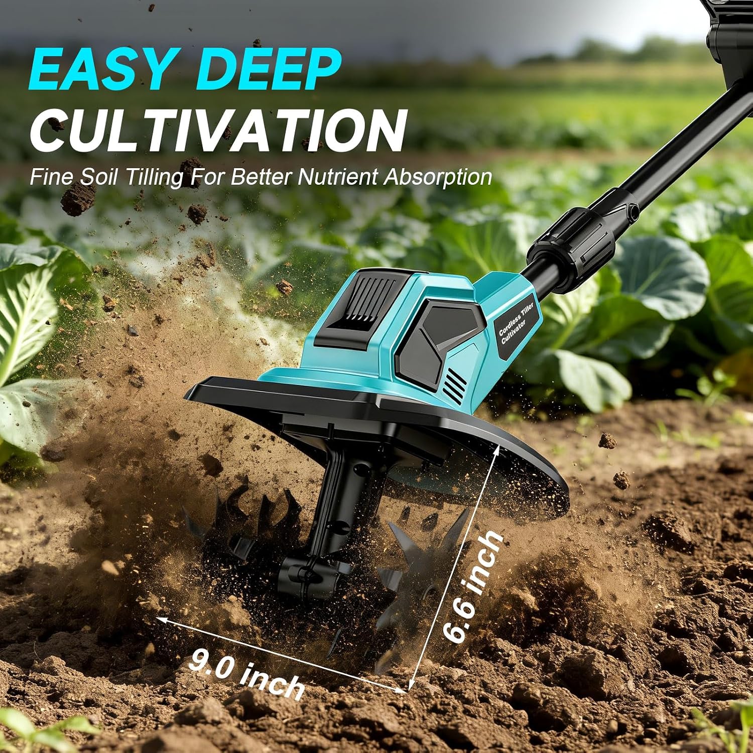 Cordless Tiller Cultivator, 360RPM Electric Garden Tiller, with 2 x 3.0Ah Batteries & Charger, 9In Tilling Width and 6.6In Depth Garden Rototiller for Lawn/Gardening/Soil Cultivation