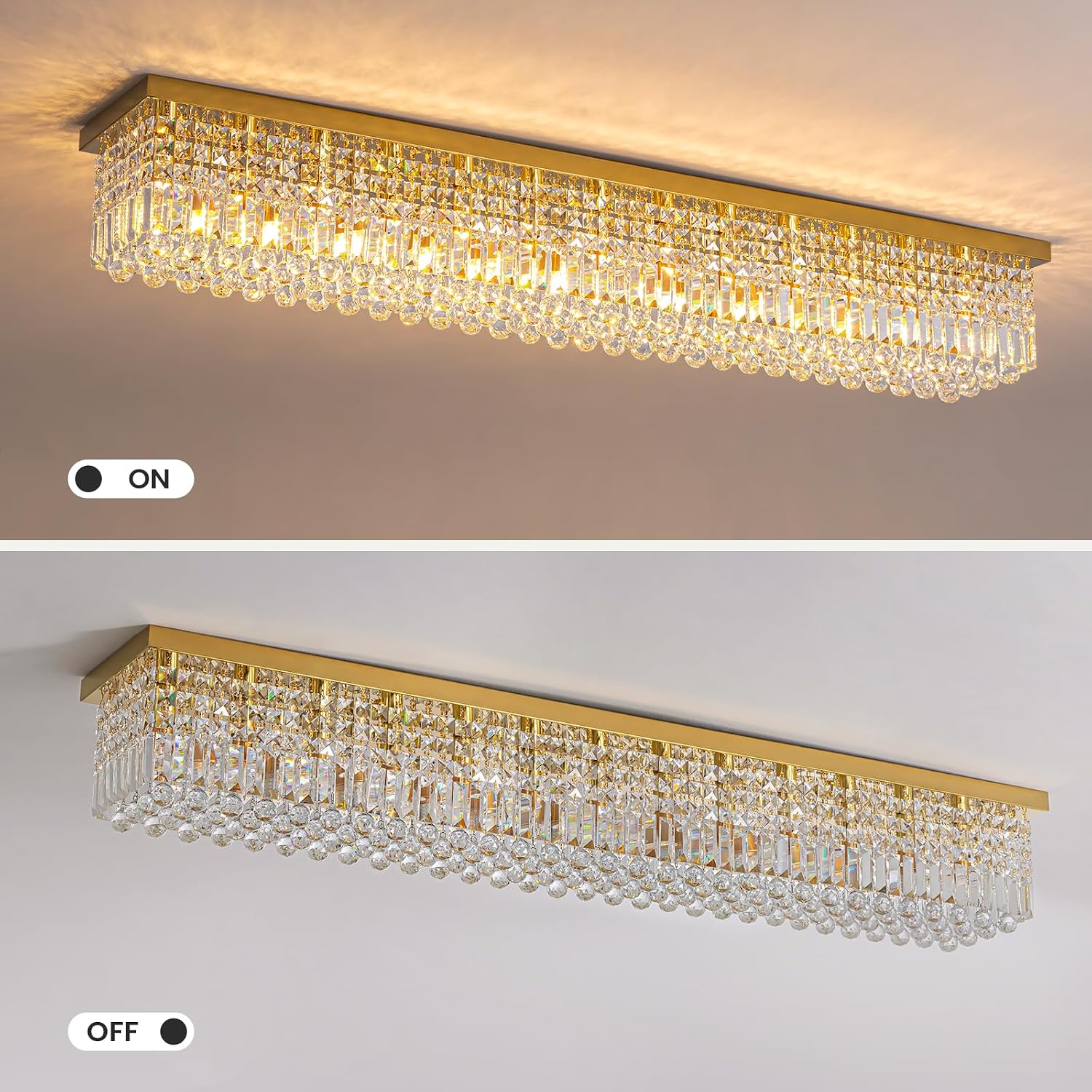 7PM Rectangular Chandelier, Modern Dining Room Light Fixture with Raindrop Chandelier Crystals, 13-Light Flush Mount Rectangle Chandelier for Dining Room, Living Room,Brass Finish L59'' x W10'' x H9''