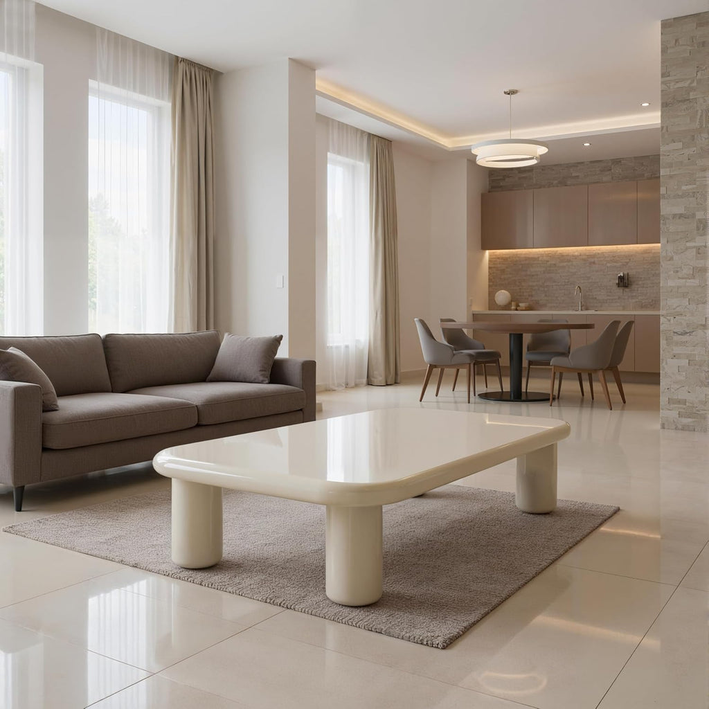 Acanva Modern Coffee Tables with High Glossy Finish, Curved Edges, Accent Center Furniture for Living Room Home Office, Long Table, White