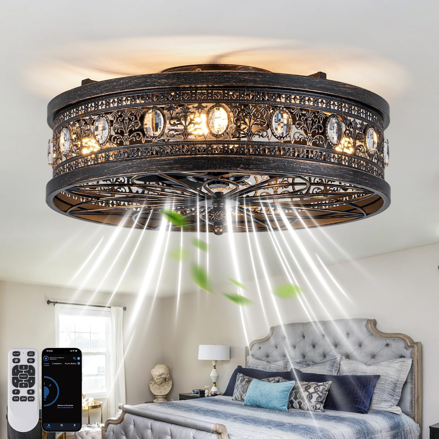 Bella Depot Caged Ceiling Fans with Lights,Vintage Victorian Rustic Crystal Fandelier,Low Profile Flush Mount, Farmhouse Ceiling Fan with Light and Remote for Bedroom,Kitchen,Dining Room
