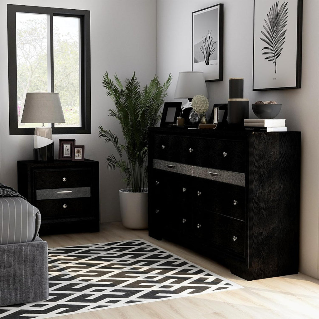 HOMES: Inside + Out Dierks Modern Wood 2-Piece Nightstand and 9-Drawer Dresser Set with Jewelry Storage for Bedroom, Black