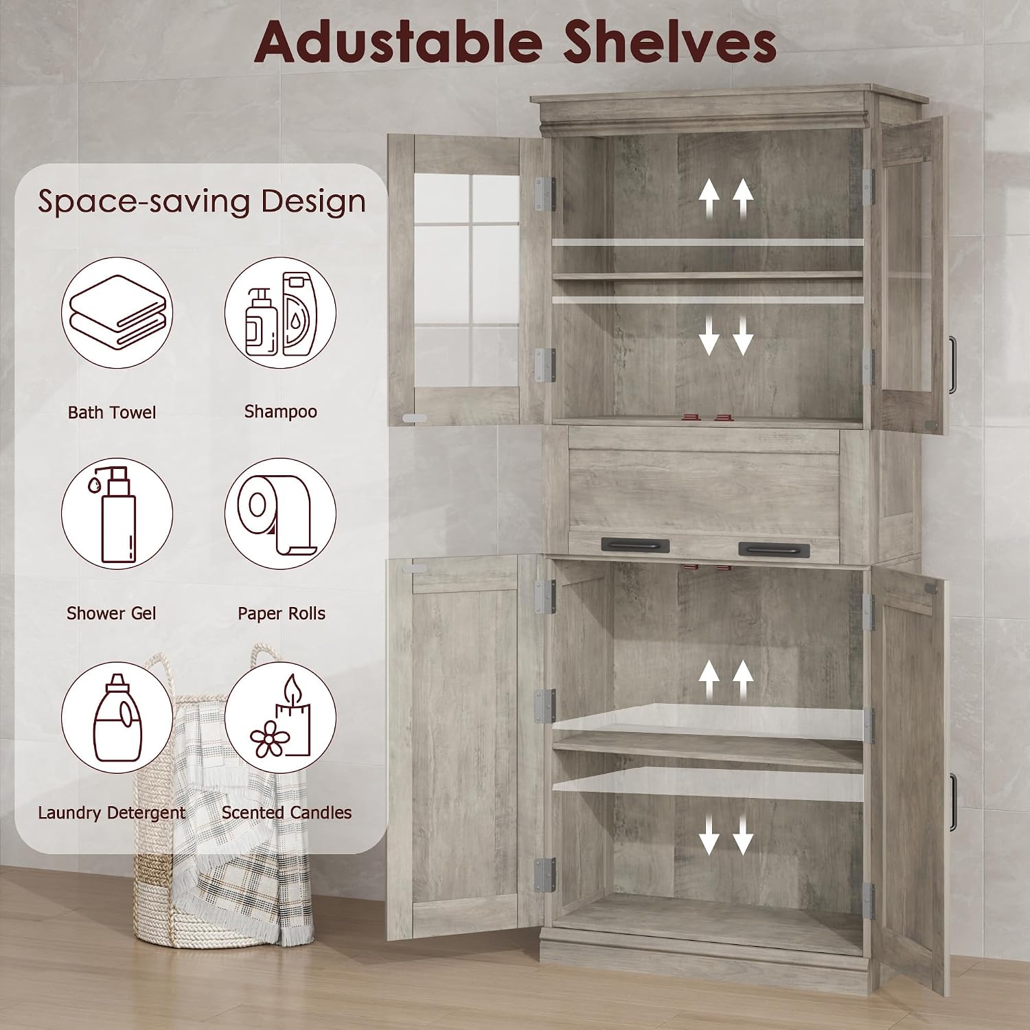 GarveeHome 67' Tall Bathroom Cabinet with 4 Doors & Flip Glass Drawer, Storage Cabinet with Adjustable Shelves, Freestanding Organizer for Kitchen, Living Room (Oak)