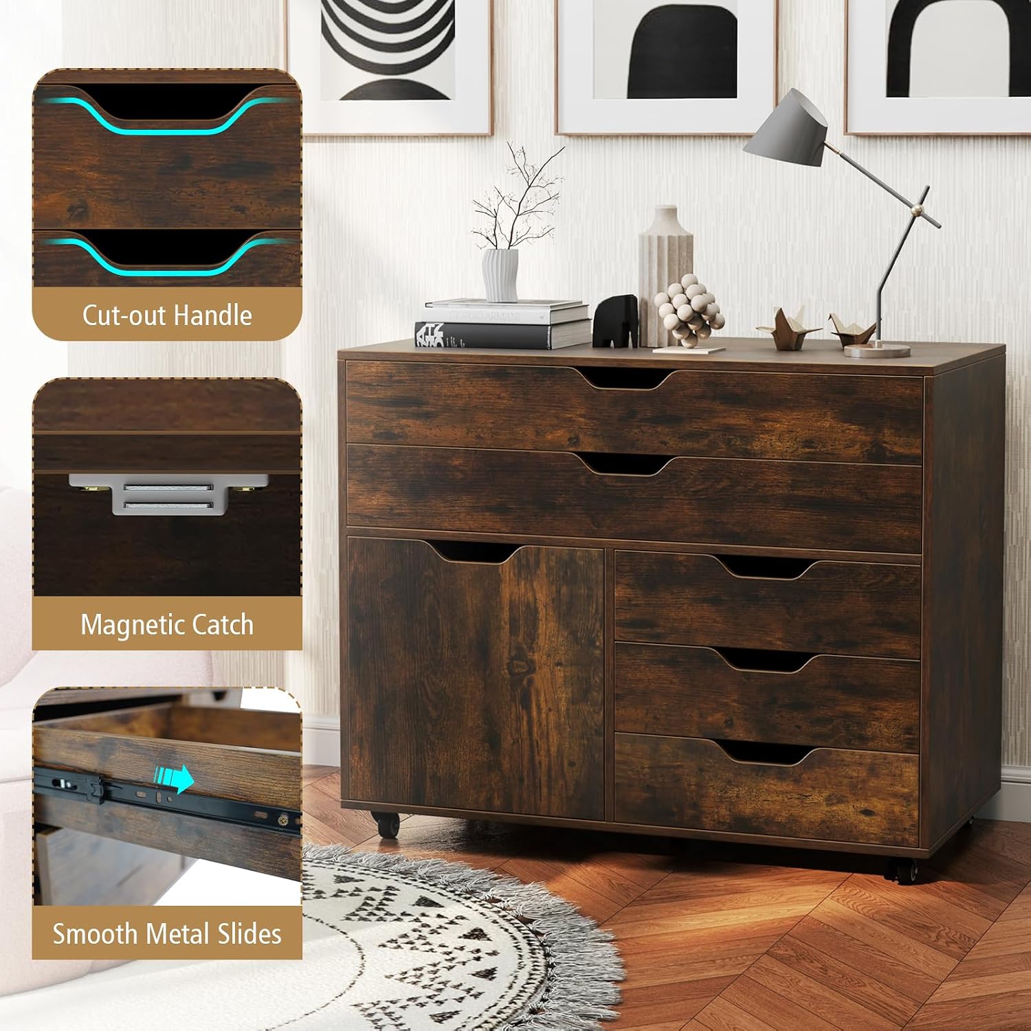 MAT EXPERT 5-Drawer Mobile File Cabinet w/Door, Lateral Filing Cabinet w/5 Universal Wheels, Rolling File Cabinets with Storage, Modern Wood Printer Stand for Home Office, Living Room (Rustic Brown)