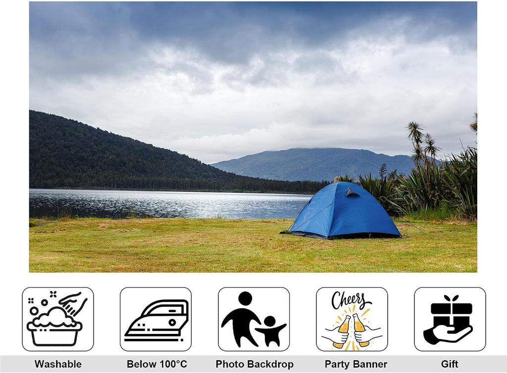 20x10ft Lake Camping Backdrop Blue Tent on Grass with Forested Mountains Photography Background for Outdoor Festival and Adventure Event Tapestry Decorations Banner Photo Booth Props