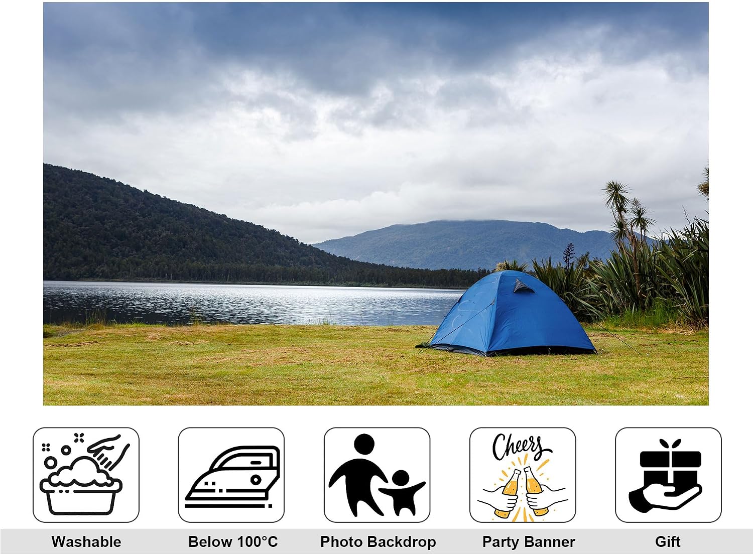 20x10ft Lake Camping Backdrop Blue Tent on Grass with Forested Mountains Photography Background for Outdoor Festival and Adventure Event Tapestry Decorations Banner Photo Booth Props