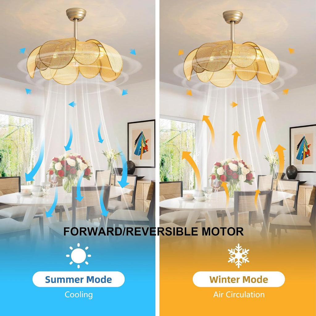 Rattan fandelier Ceiling Fans with Lights, Fandelier Chandelier Ceiling Fan and Remote,Boho,Flush Mount,Low Profile,for Bedroom,Living Room,(25.5 Inch,6 Speed