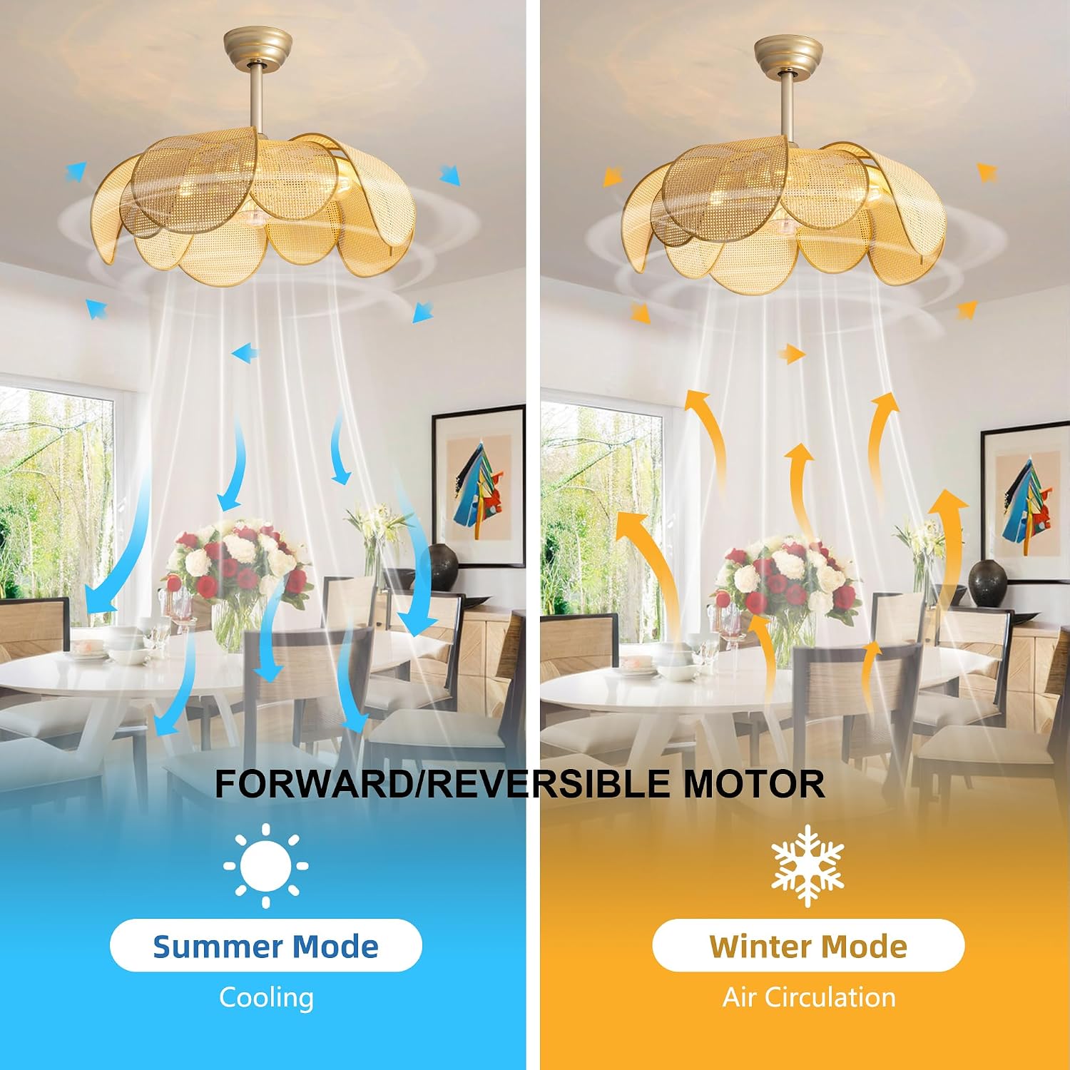 Rattan fandelier Ceiling Fans with Lights, Fandelier Chandelier Ceiling Fan and Remote,Boho,Flush Mount,Low Profile,for Bedroom,Living Room,(25.5 Inch,6 Speed