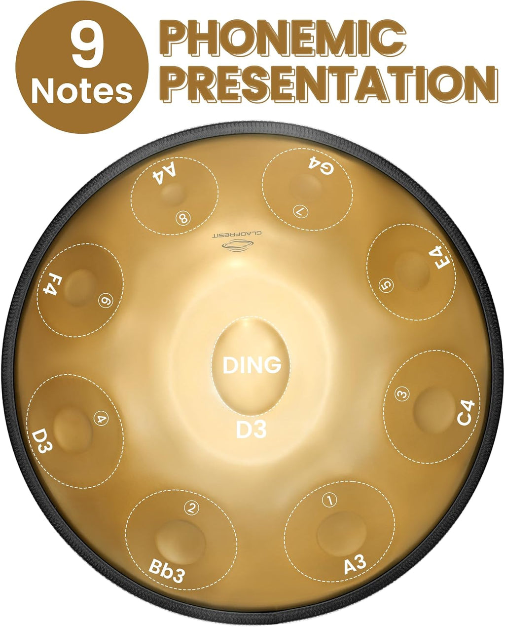 GLADFRESIT Handpan Drum 22inch in D Kurd Minor with handpan stand, handpan case, durable mallets and dust-free cloth (Gold, 440HZ)