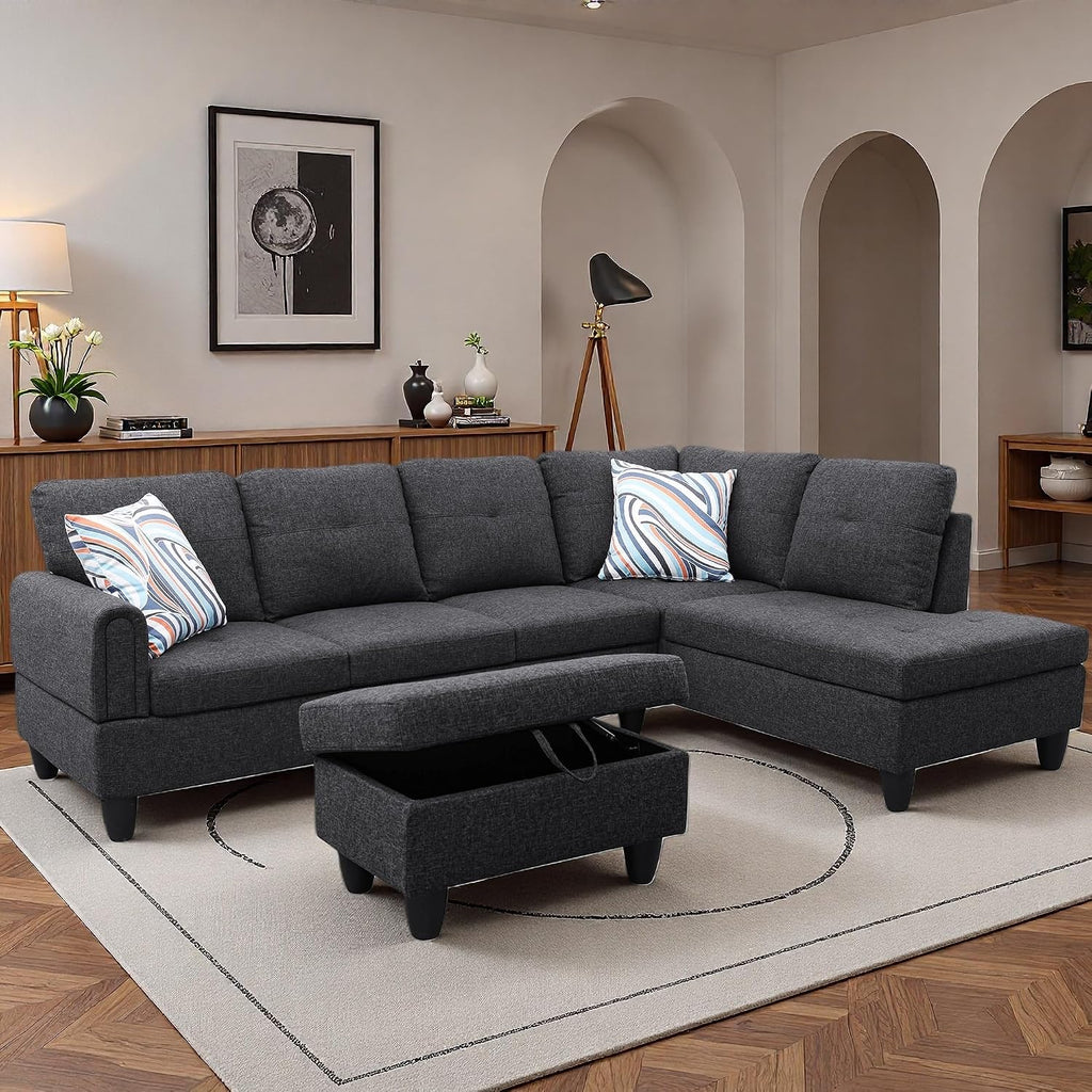 97.5' L Shaped Couch Set, Modular Sectional Couches for Living Room with Storage Ottoman, 4 Seat Home Sofa Living Room Furniture Sets with Chaise for Apartment Office (Linen, Black Grey)
