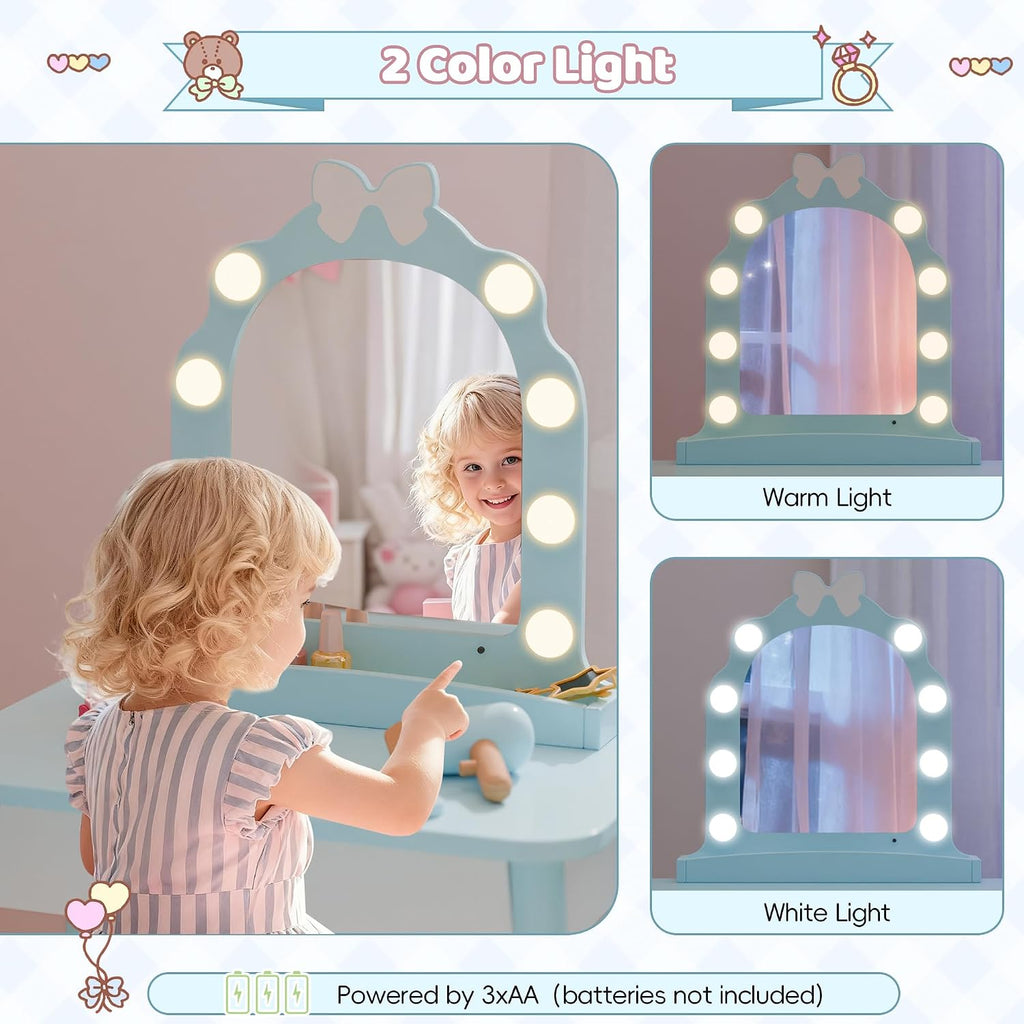 Ice Blue Kids Vanity Set with Light and Barber Chair, Makeup Dressing Vanity Table with Storage Shelf and Hair Salon Play Set 7 pcs Accessories, Pretend Play Vanity Set for Toddler Girls
