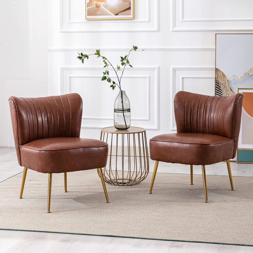 PU Leather Accent Chair Set of 2 - Comfy Armless Slipper Mid Century Side Chair With Golden Legs - Wingback Single Sofa for Living Room, Bedroom, Guest Room - Brown