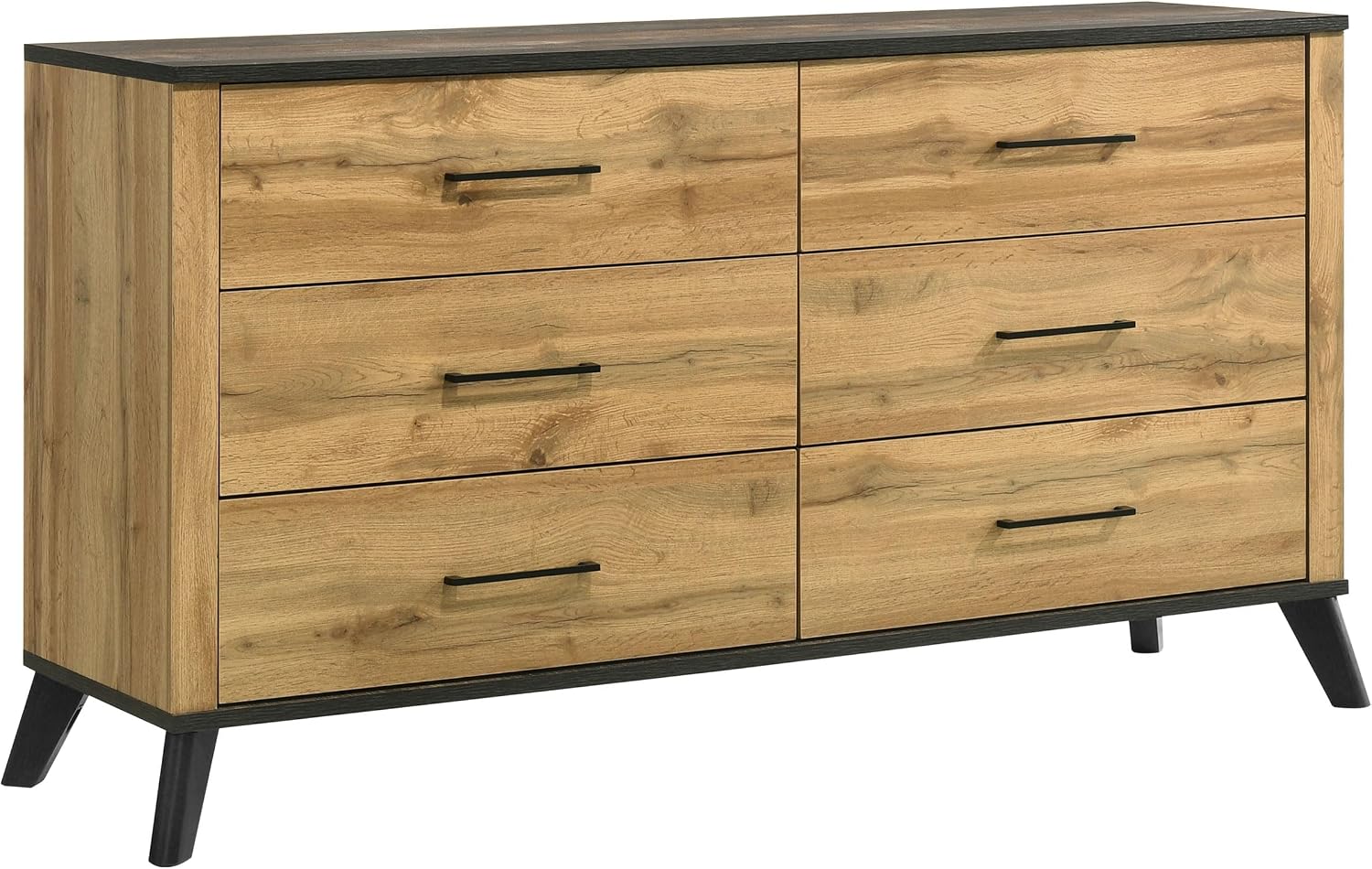 Coaster Home Furnishings - Kaywood - Engineered Wood - 6-Drawer Dresser with Mid-Century Modern Style, Two-Tone Design, Black Pull Handles, Weathered Brown Top Finish - Bedroom - Natural Pine - 225003