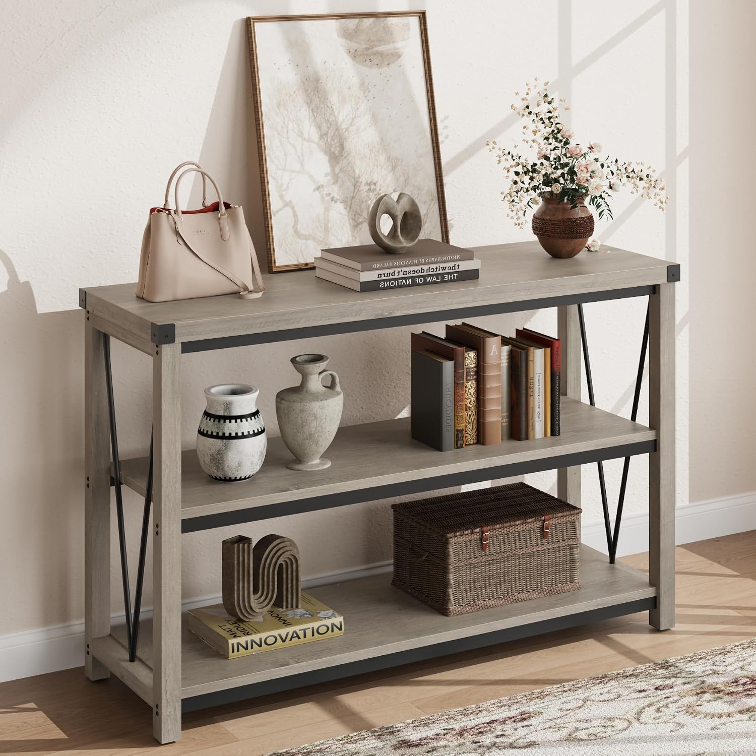 GAOMON Farmhouse Entryway Table,47 Inch Narrow Long Console Table with Storage, 3 Tier Wood Console Table for Living Room, Behind Couch Table, Hallway Table for Foyer, Entryway Furniture-Grey