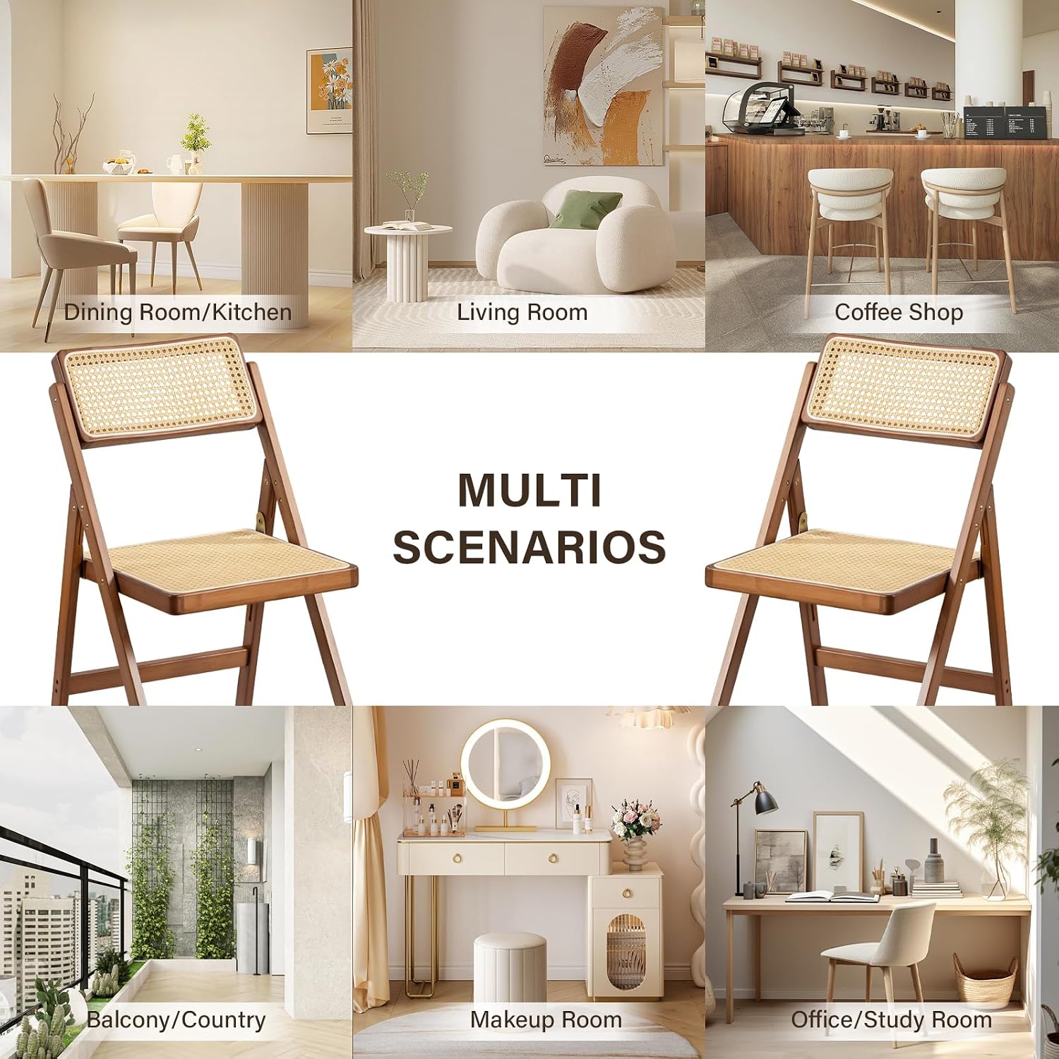 Furlide Rattan Folding Chairs, Modern Mid Century Dining Chairs Set of 2, Outdoor Bamboo Chairs for Bedroom Living Room Reading Room Dining Kitchen, Walnut